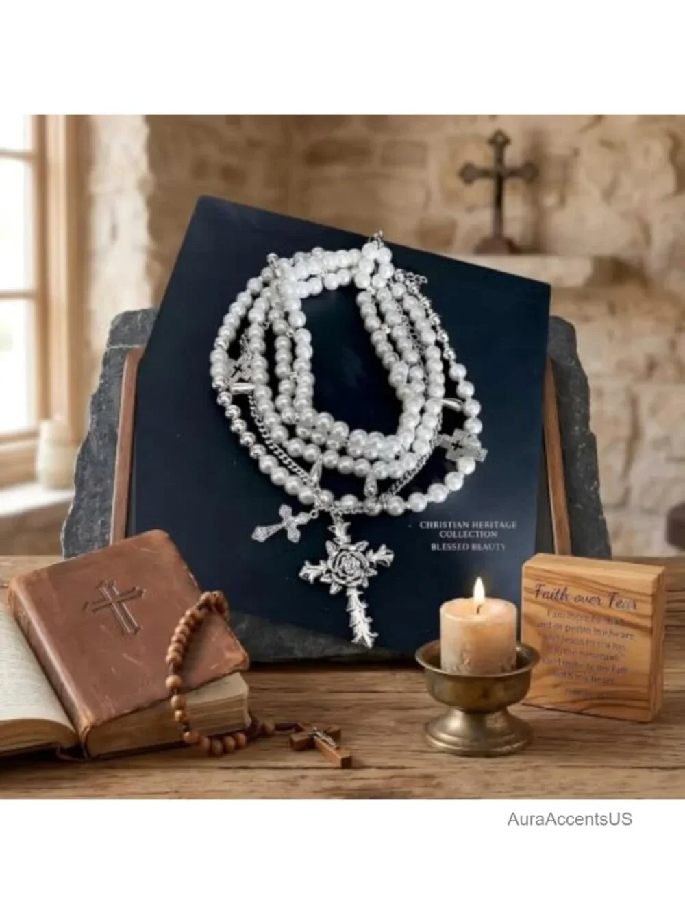 Layered Faux Pearl Cross Choker Necklace Women Silver-Tone Gothic Punk Y2K